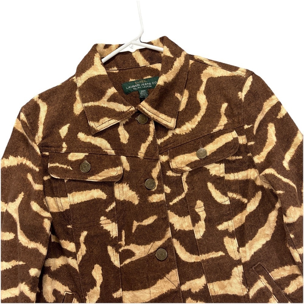 Lauren Ralph Lauren Trucker Jacket Womens M Denim Brown‎ Zebra Soft Stretch